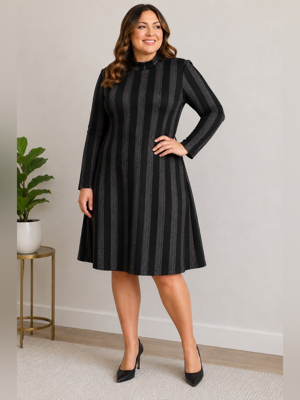 TWELVE Black Gray Herringbone Stripe Mock Neck A-Line Dress - Tagged 16 Fits S